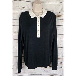 J Crew Black Rib Polo Knit Top XL Womens Rugby Preppy Long Sleeves Gold Buttons